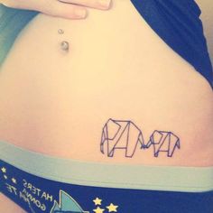 Paper Elephant Family Tattoo On Girl Stomach