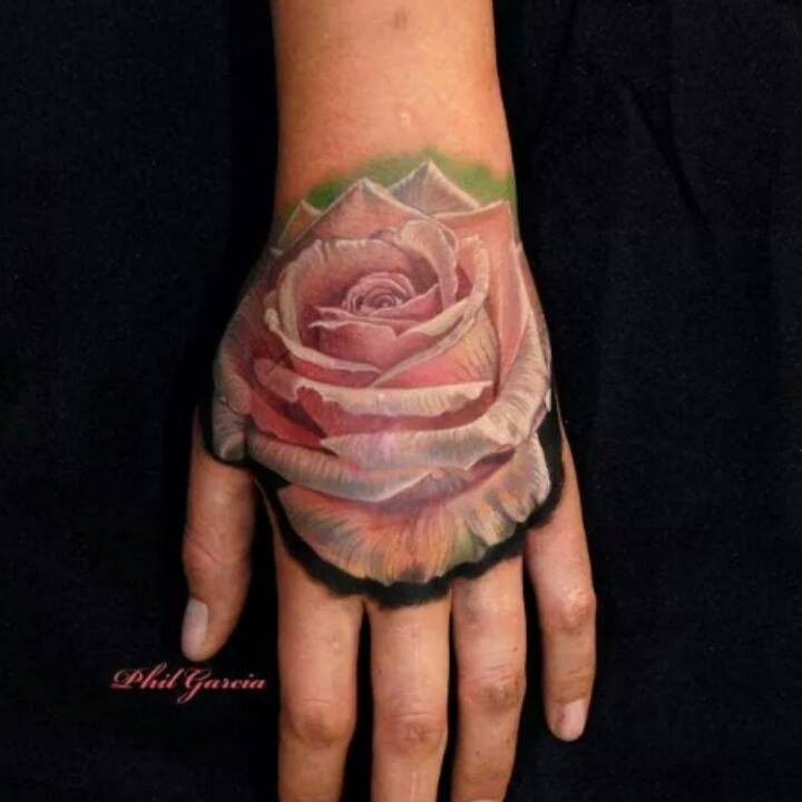 Pink And White Rose Tattoo On Left Hand For Women