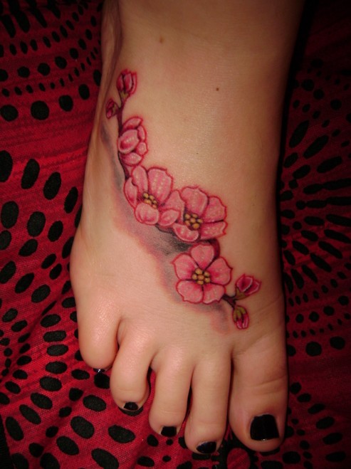Pink Cherry Blossom Flowers Tattoo On Right Foot