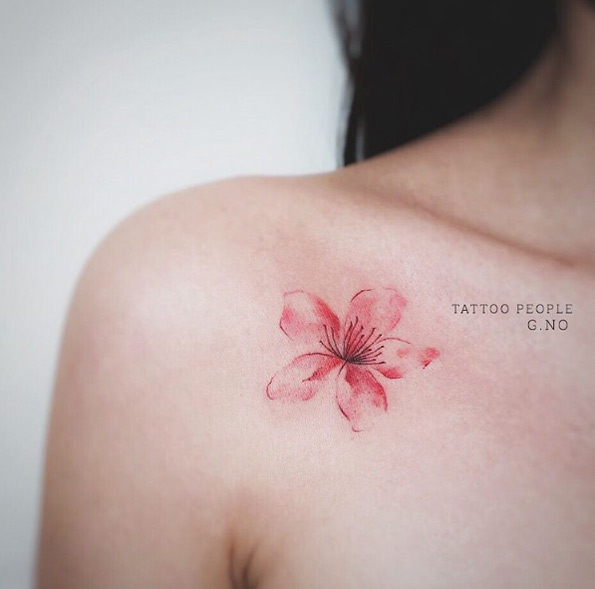 Pink Flower Cherry Blossom Tattoo On Front Shoulder