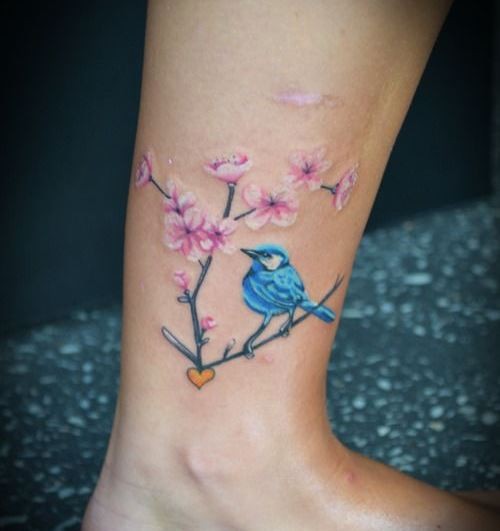Pink Flowers And Blue Bird Ankle Tattoo