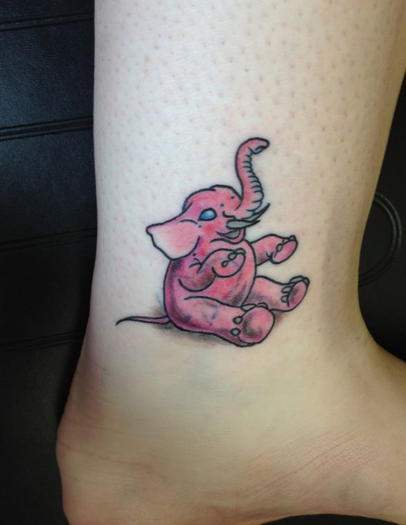 Pink Ink Baby Elephant Tattoo Design For Ankle