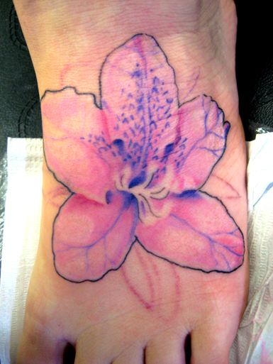 Pink Ink Rhododendron Flower Tattoo On Left Foot