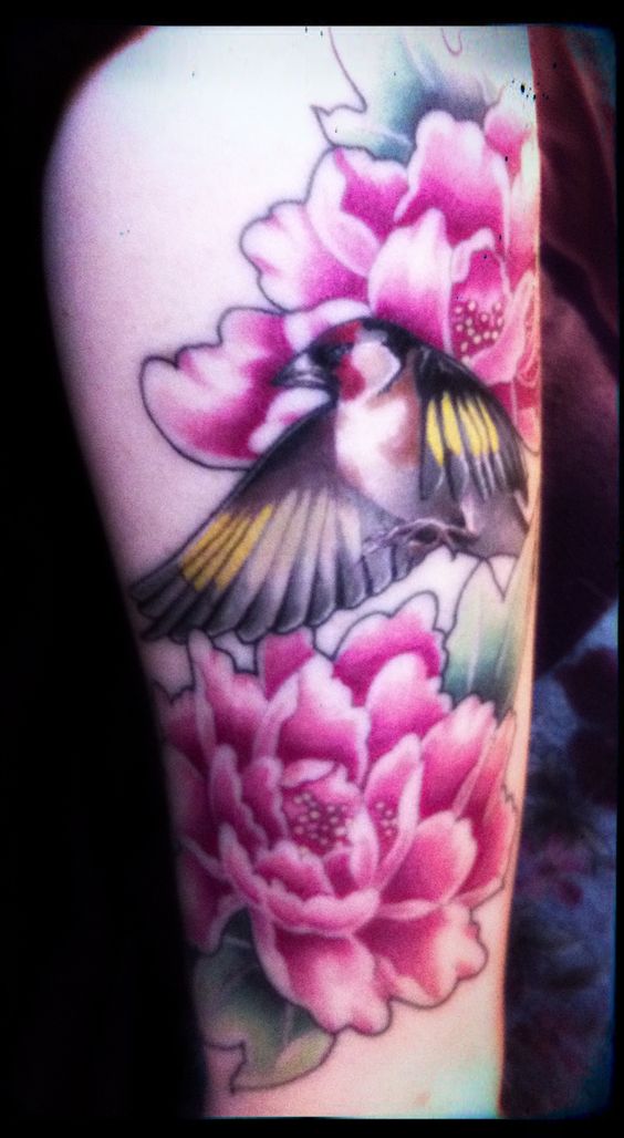 Pink Ink Rhododendron Flowers With Flying Bird Tattoo Design For Sleeve