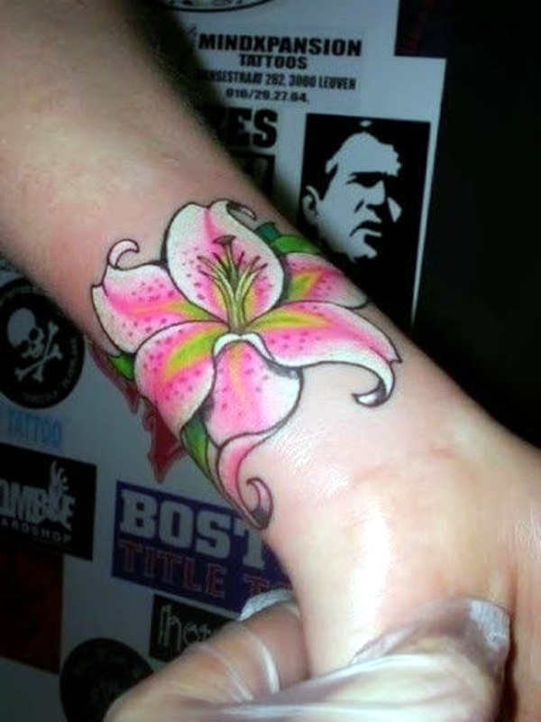 Pink Lily Flower Wrist Tattoo
