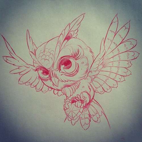 Pink Outline Flying Owl Tattoo Design