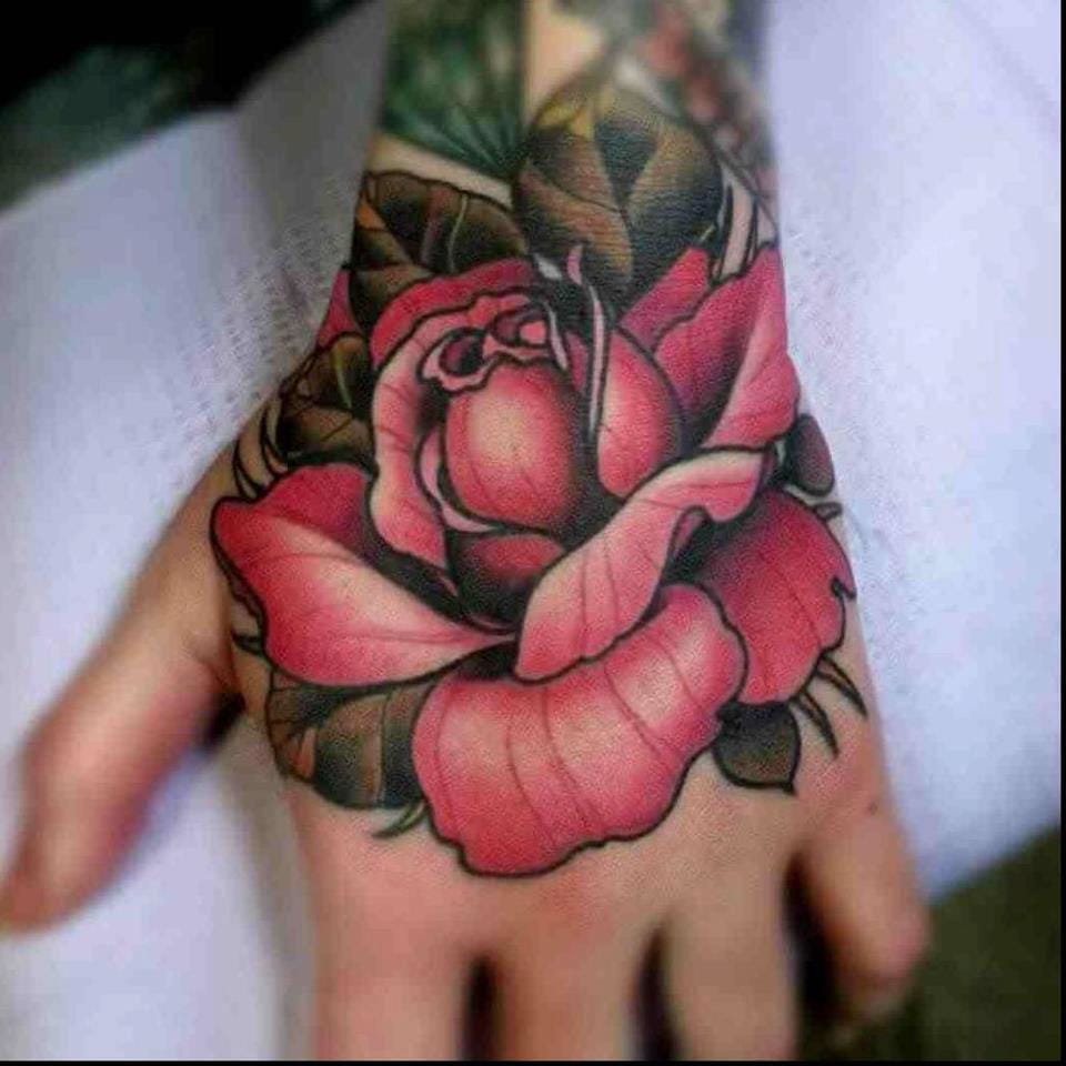 Pink Rose Tattoo On Left Hand