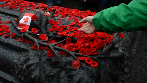 Poppy Flowers Placed On The Tomb Of Soldier During Remembrance Day Ceremony