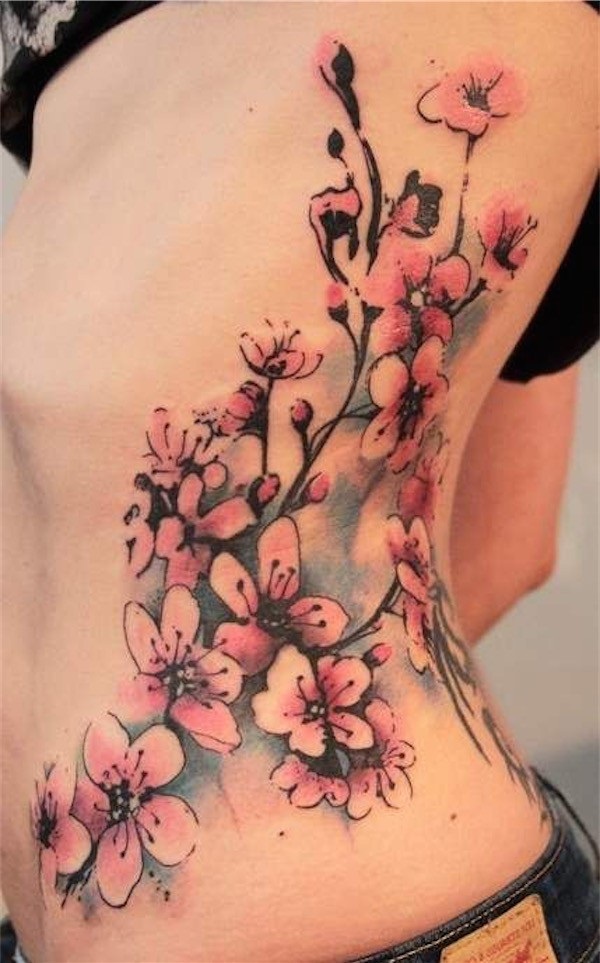 Pretty Cherry Blossom Tattoo On Girl Side Rib