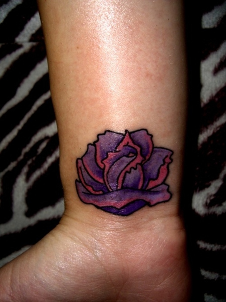 Purple Flower Tattoo On Right Wrist