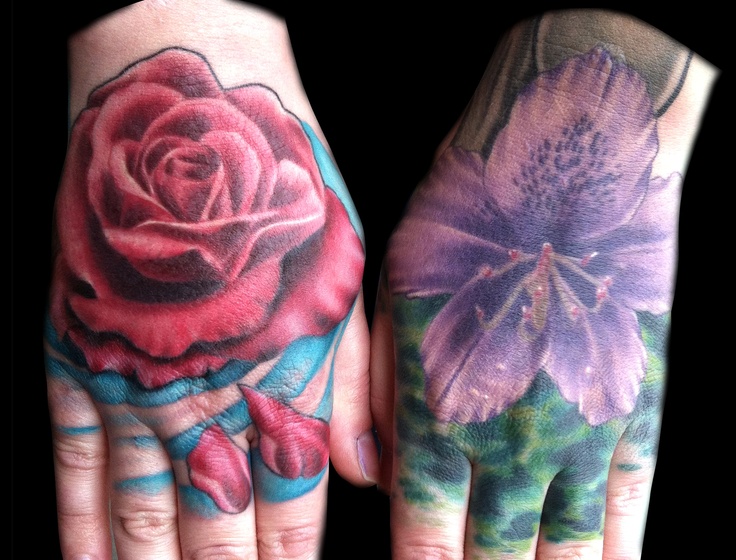 Purple Rhododendron And Rose Hand Tattoos For Women
