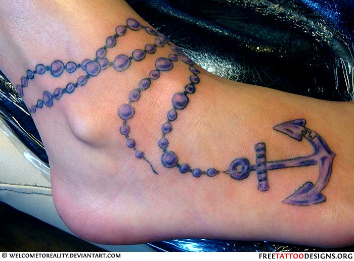 Purple Rosary Anchor Tattoo On Ankle