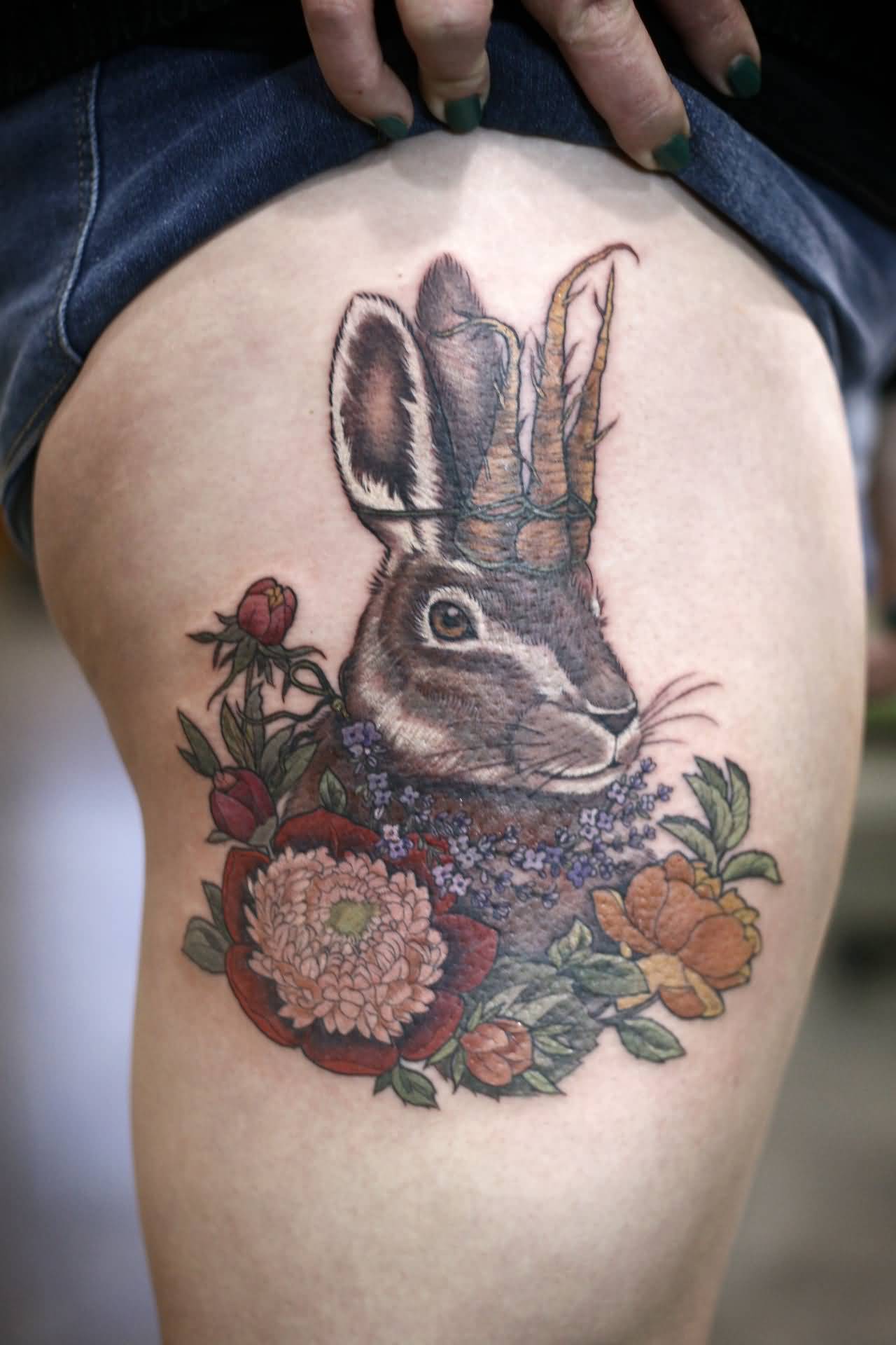 Rabbit With Rhododendron Flowers Tattoo On Girl Right Thigh