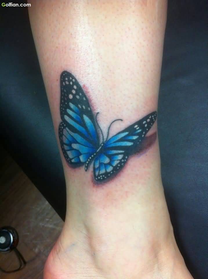 Realistic Blue Butterfly Tattoo On Ankle