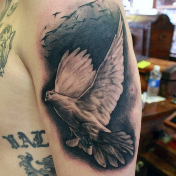 Realistic Dove With Clouds Tattoo On Left Half Sleeve