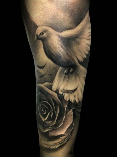 Realistic Dove With Rose Tattoo On Sleeve