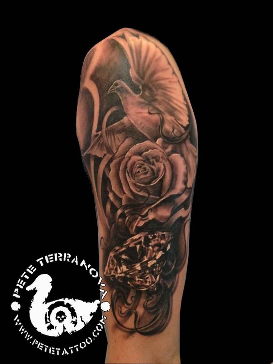 Realistic Flying Dove And Rose Tattoo On Half Sleeve