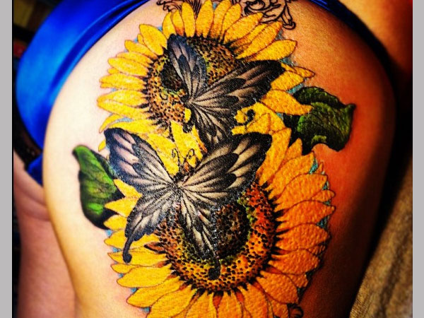 Realistic Sunflower And Butterflies Tattoo On Side Rib