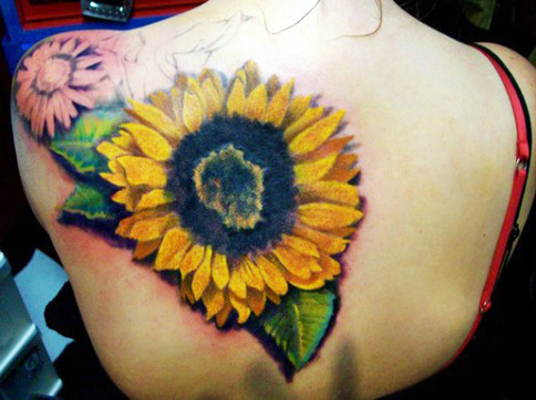 Realistic Sunflower Tattoo On Back For Girls