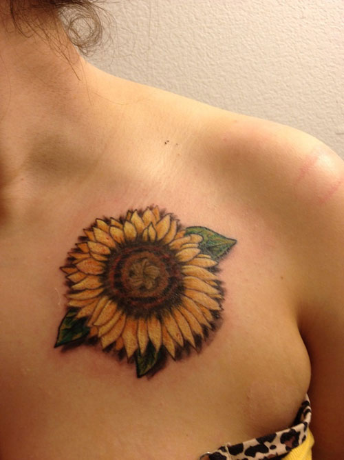 Realistic Sunflower Tattoo On Front Shoulder