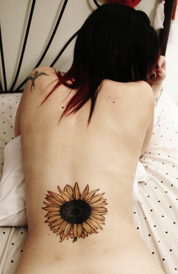 Realistic Sunflower Tattoo On Girl Back Body