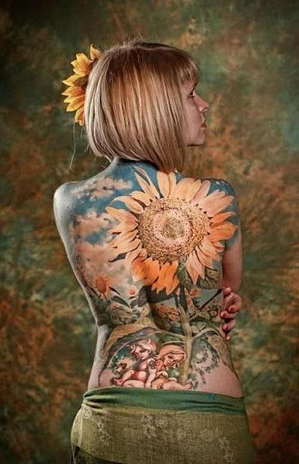 Realistic Sunflower Tattoo On Girl Full Back