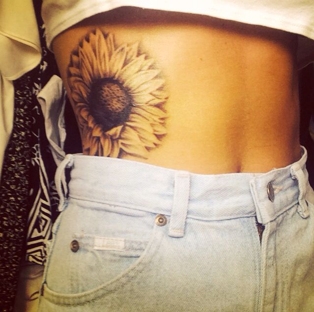 Realistic Sunflower Tattoo On Girl Rib Side