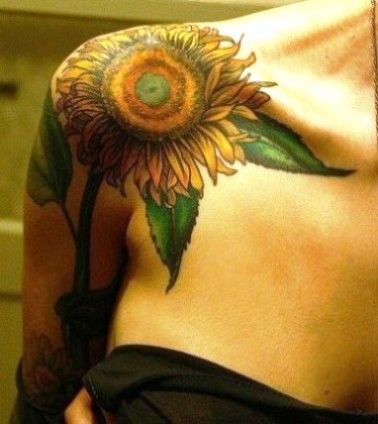 Realistic Sunflower Tattoo On Girl Right Shoulder