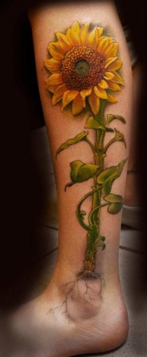 Realistic Sunflower Tattoo On Leg For Girls