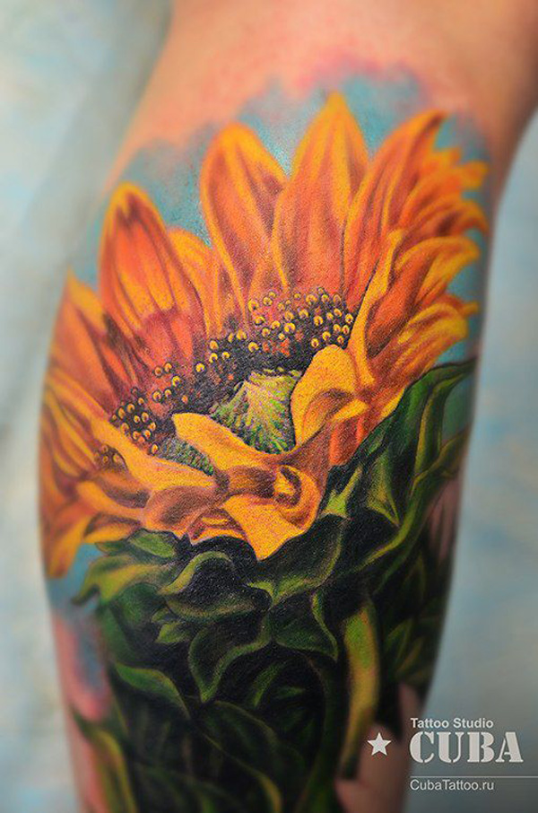 Realistic Sunflower Tattoo On Leg