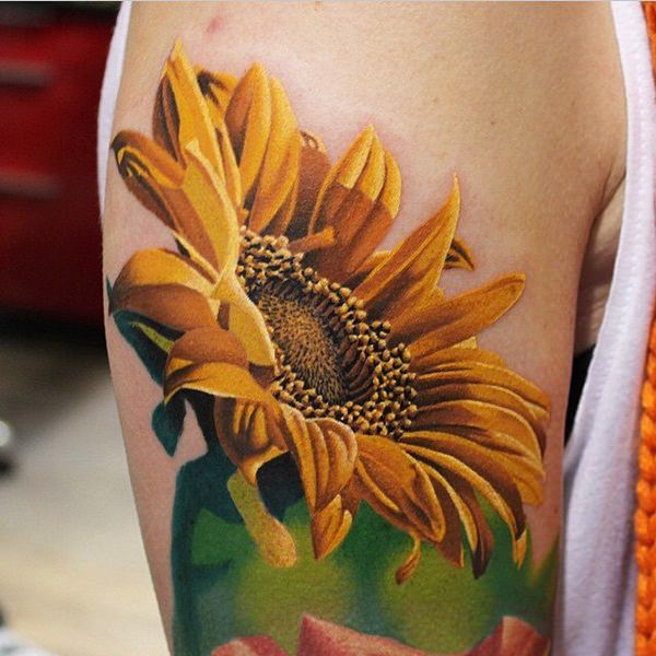 Realistic Sunflower Tattoo On Right Bicep