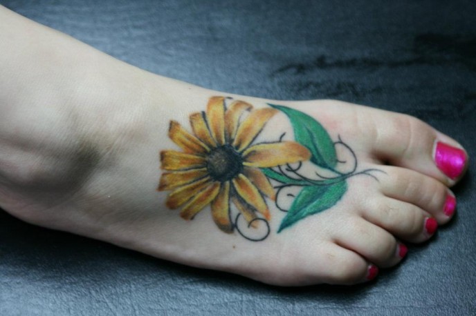 Realistic Sunflower Tattoo On Right Foot For Girls