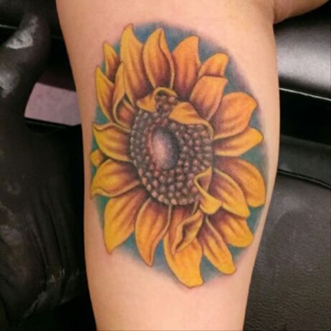 Realistic Sunflower Tattoo On Side Leg For Girls
