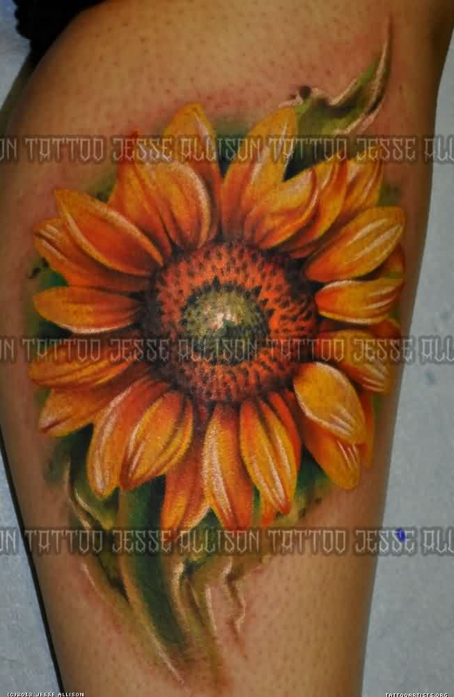 Realistic Sunflower Tattoo On Side Leg