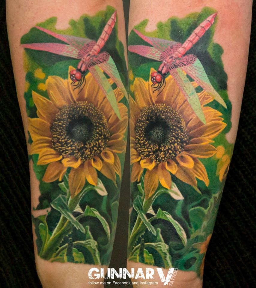 Realistic Sunflower With Dragonfly Tattoo