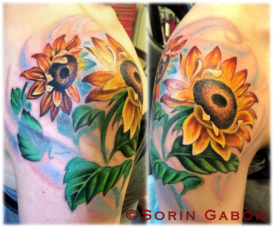Realistic Sunflowers Tattoos On Shoulder
