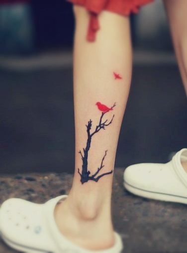 Red Bird On Tree Tattoo On Ankle