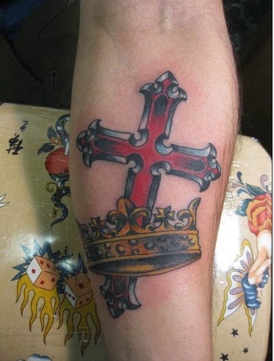 Red Cross And Crown Tattoo On Left Forearm