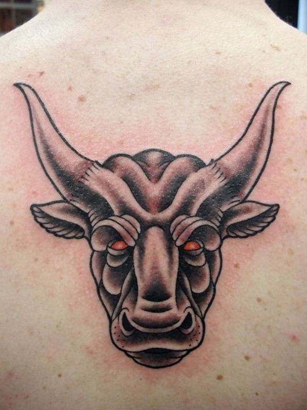 Red Eyed Traditional Bull Tattoo On Upper Back