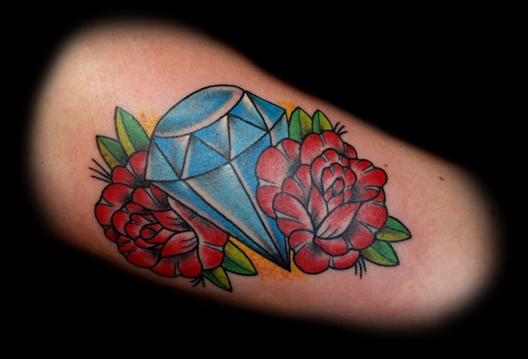 Red Flowers And Blue Diamond Tattoo Design