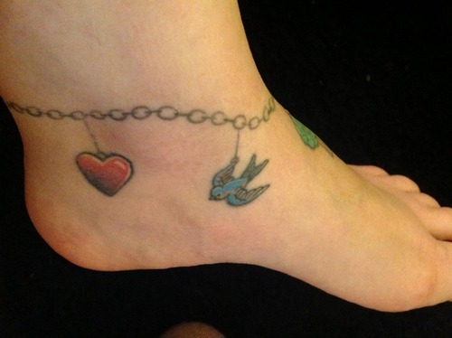 Red Heart And Flying Bird Ankle Tattoo