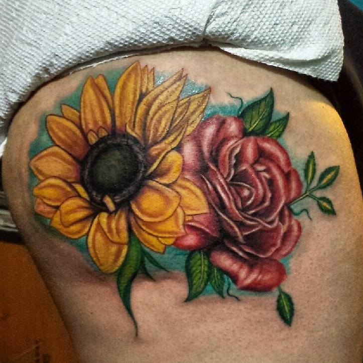 Red Rose And Realistic Sunflower Tattoo