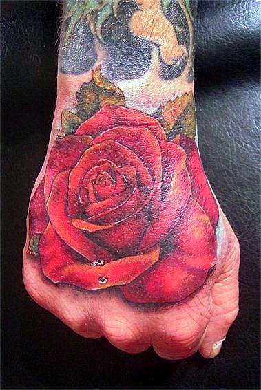 Red Rose Tattoo On Right Hand For Men