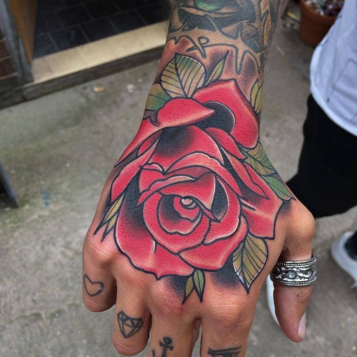 Red And Black Rose Tattoo On Right Hand For Women