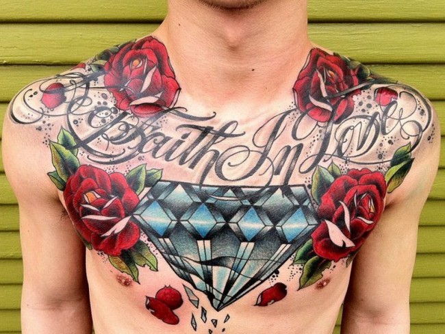 Red Roses And Traditional Diamond Tattoo On Man Chest
