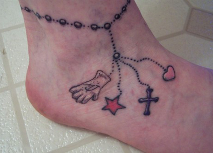 Red Star And Cross Ankle Bracelet Tattoo