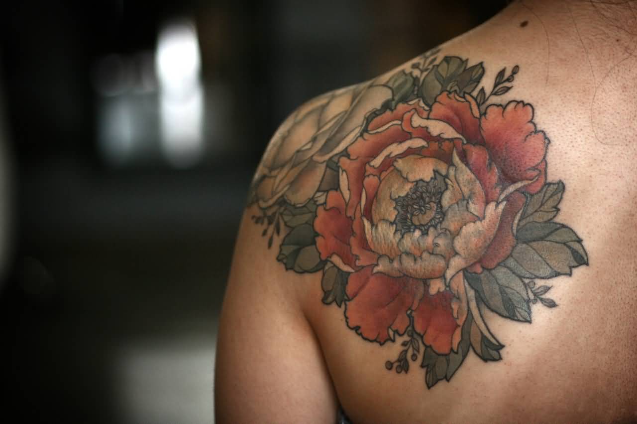 Rhododendron Flower Tattoo On Left Back Shoulder