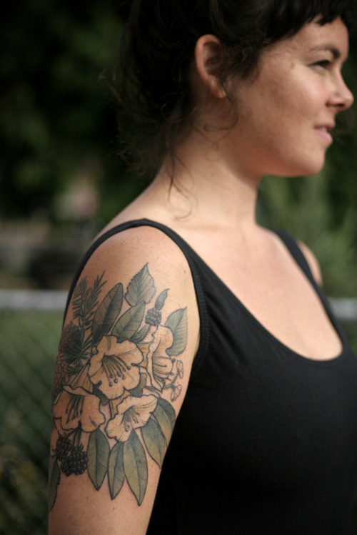 Rhododendron Flowers Tattoo On Girl Right Shoulder By Alice Carrier