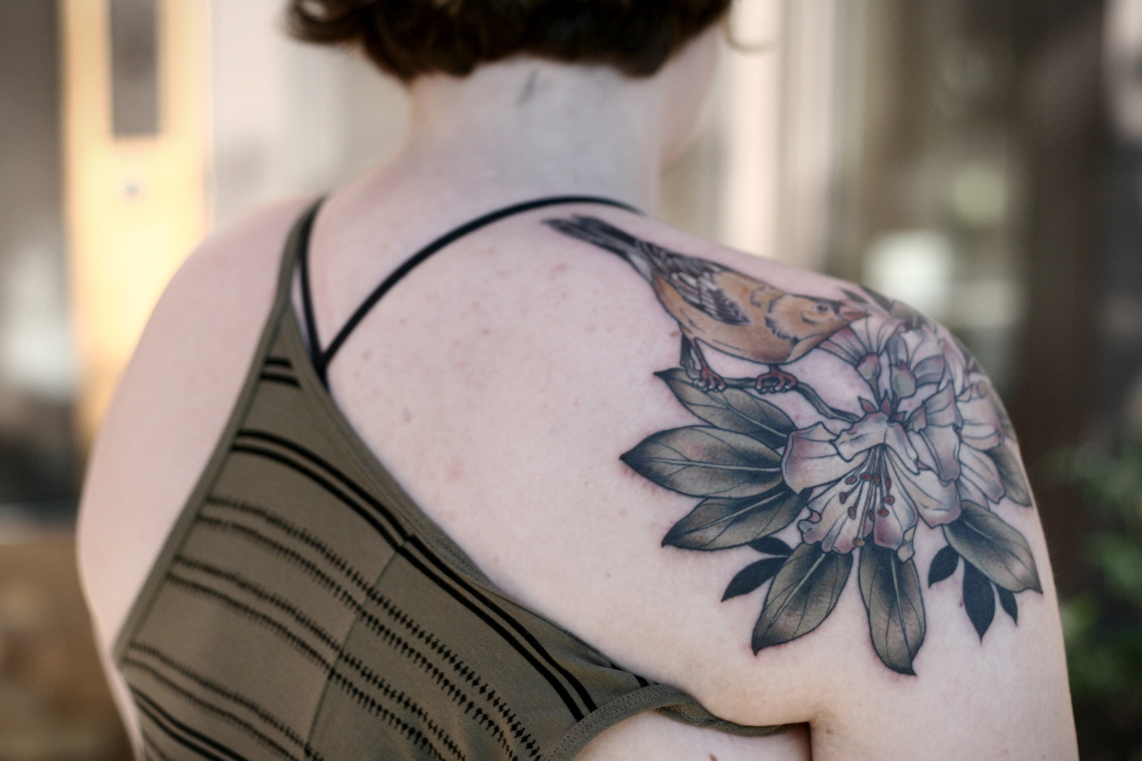 Rhododendron Flowers With Bird Tattoo On Girl Right Shoulder