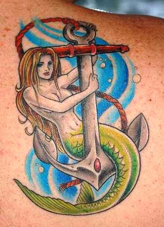 Right Back Shoulder Anchor Mermaid Tattoo